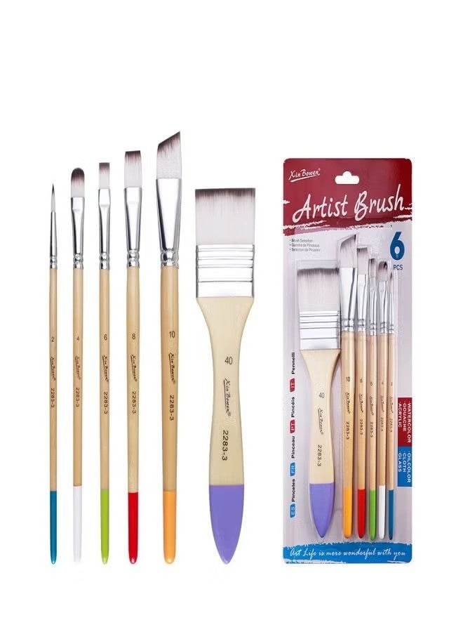 Xinbowen 6-Piece Nylon Hair Paint Brush Set - Ideal for Watercolor, Acrylic, and Oil Painting - Image 1